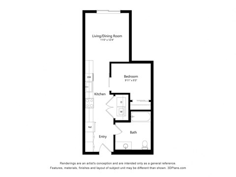 a floor plan of a 1 bedroom apartment